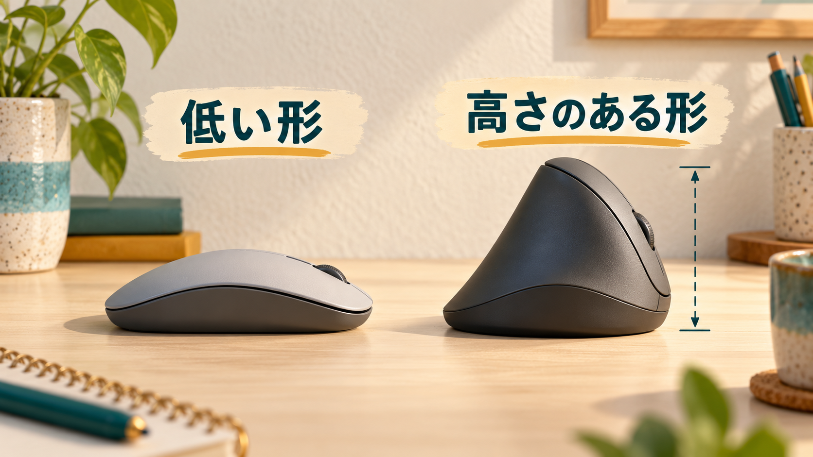 同じ机の上で、低い形と高さのある形を横から比べる一般例。手や製品固有のボタンは示していない。