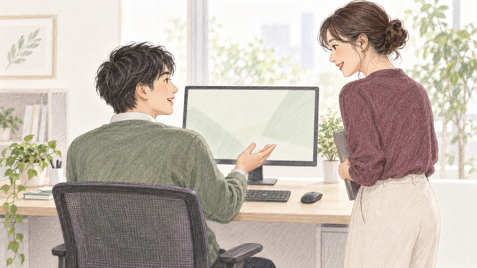共用のパソコンの前で会話する二人の同僚