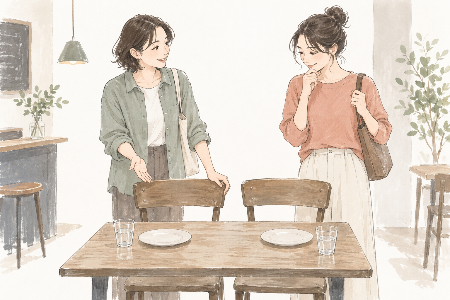 食事の前、空いている二つの椅子のそばで座る場所を相談する二人の挿絵