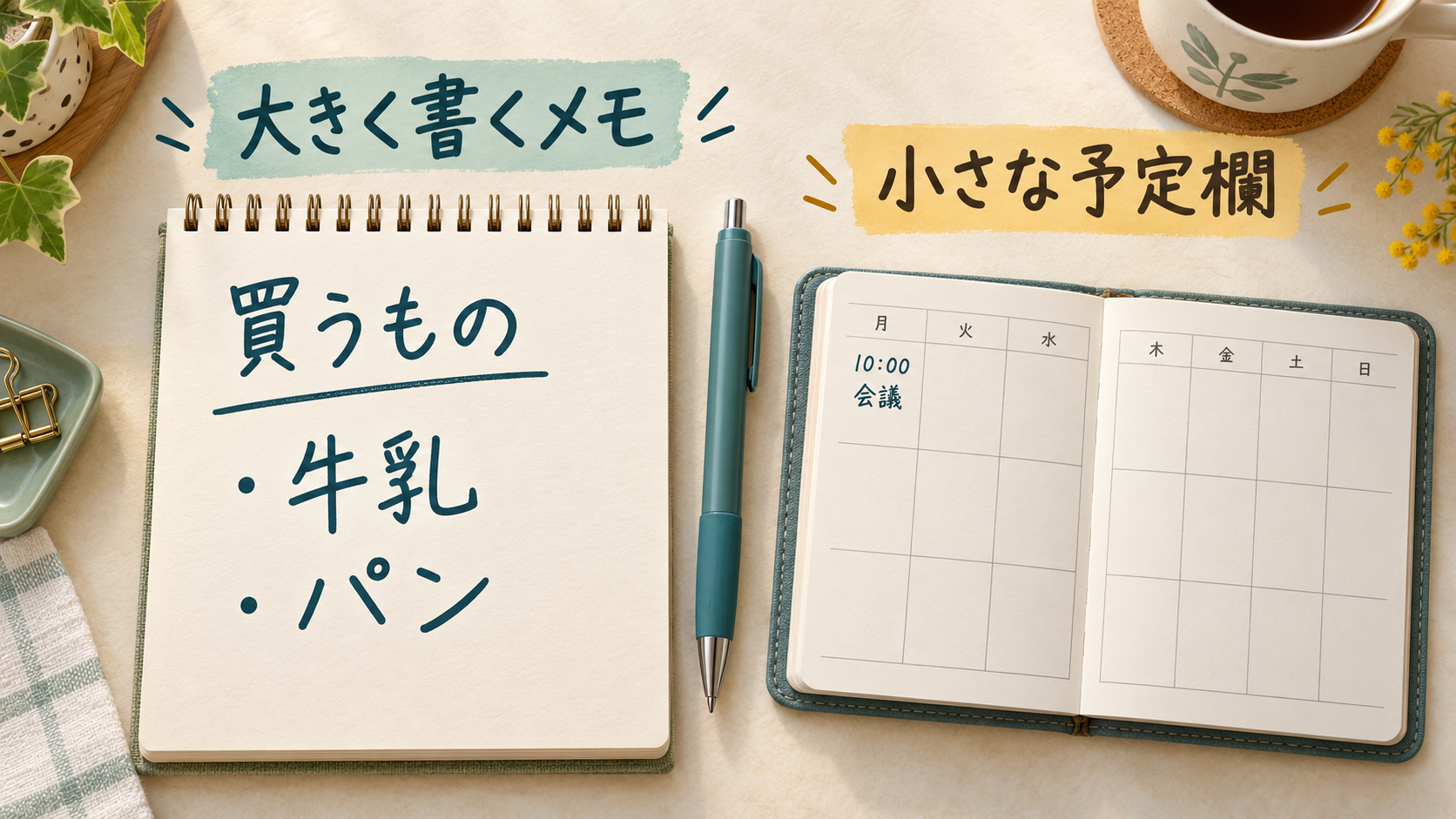 大きな文字で買い物を書くメモ帳と、小さな枠に予定を書く手帳。いつもの記入欄に合わせて試し書きする例。