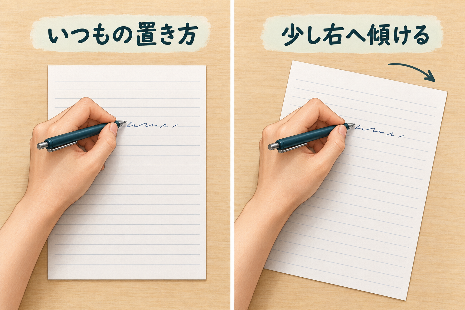 左手で書く様子を比較。左は用紙がまっすぐ、右は時計回りに傾き、左上が高くなっている。どちらも左手の親指と人差し指でペンを持ち、ペン先が紙に触れている。