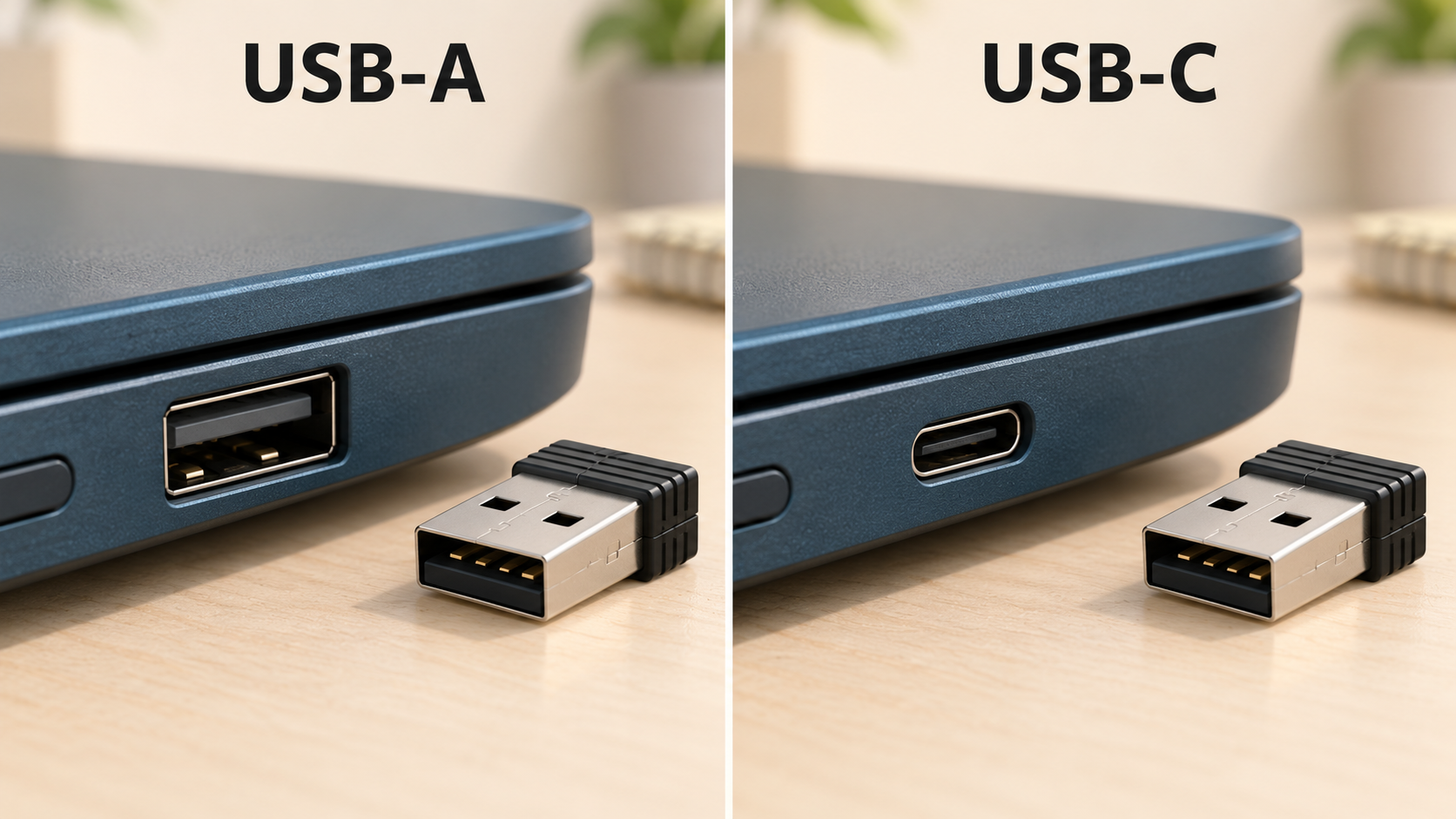 長方形のUSB-A端子と、小さな楕円形のUSB-C端子。どちらの横にも同じUSB-Aレシーバーが置かれ、端子形状の違いが見える。