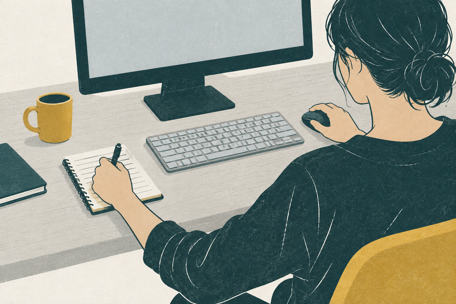 右手でマウスを使いながら左手でノートにメモを取る人の挿絵