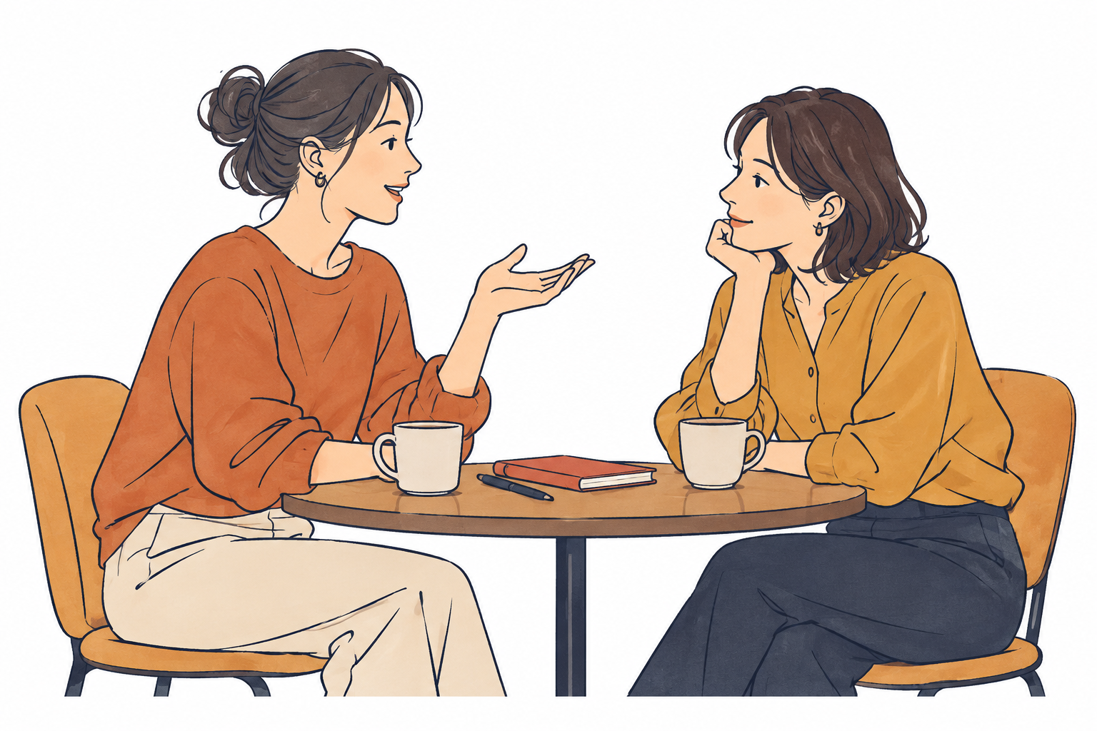 手の使い方について友人と気軽に話す場面の挿絵