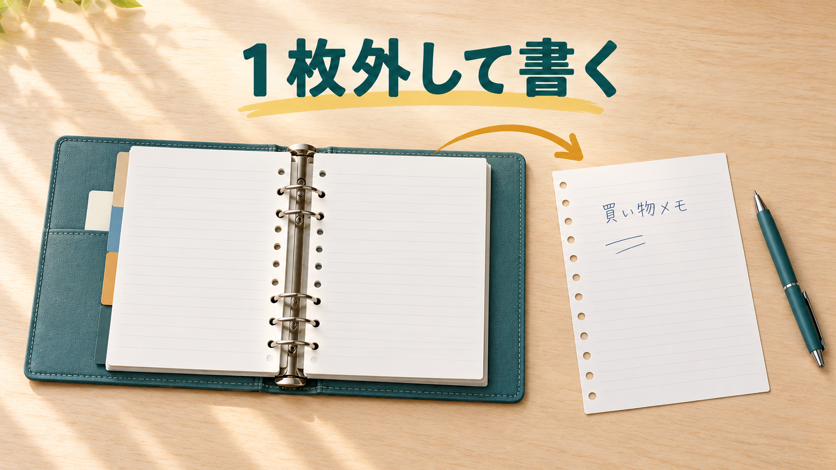 開いたバインダーから用紙を1枚外し、リングのない机の上に置いて書く例。外した用紙の横にペンがある。