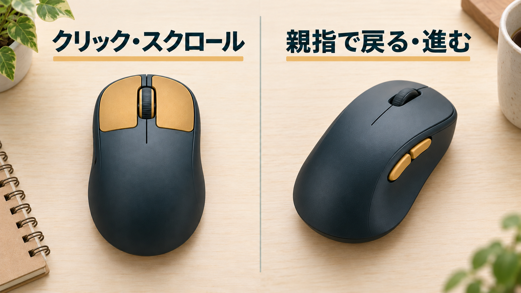上面のボタンとホイール、親指側のボタンを見比べる図。左手用の側面ボタン例は本体右側にある。