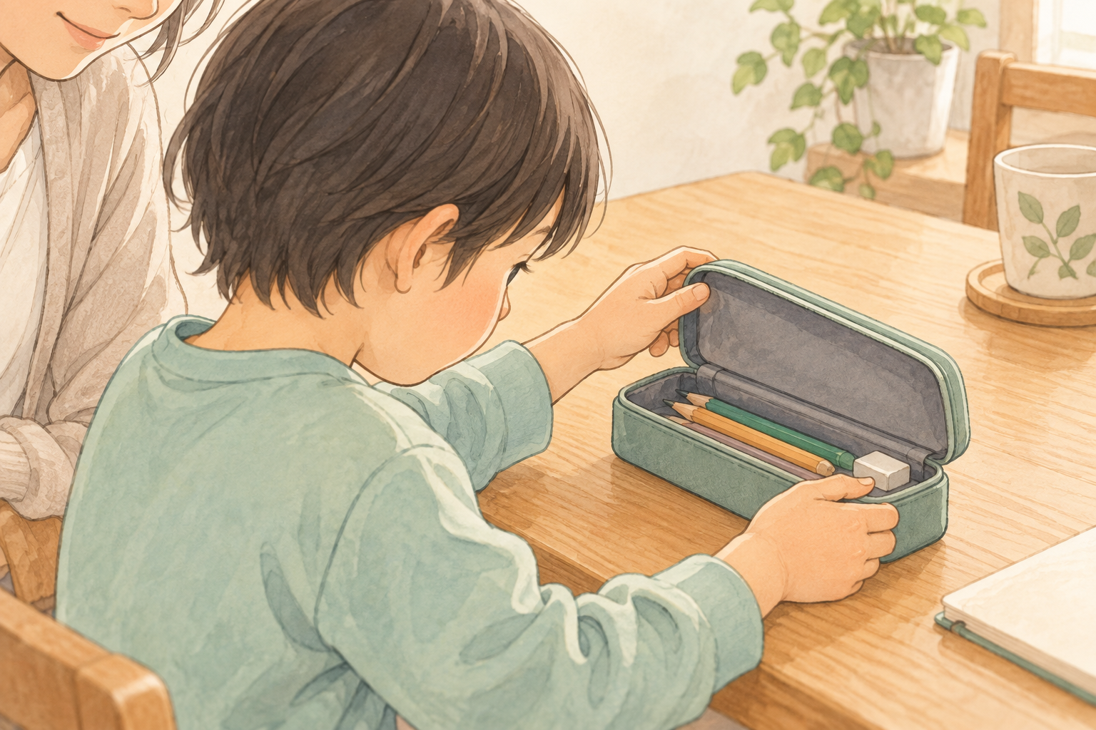 保護者が見守るそばで子どもが筆箱を開けてみる挿絵