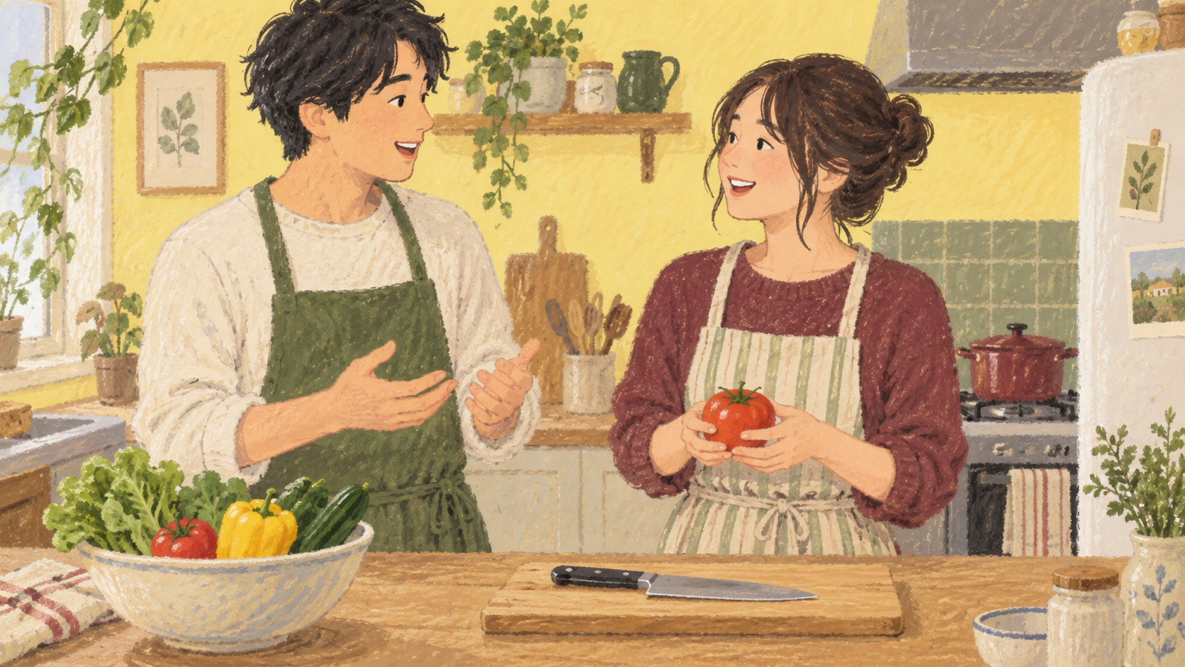 調理台の前で、料理の準備について話す二人