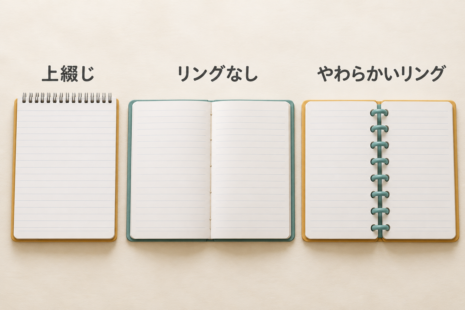 3種類のノート。上綴じは用紙の上辺に金属リング、リングなしは中央に糸綴じの綴じ目、やわらかいリングは中央に太く丸いリングがある。
