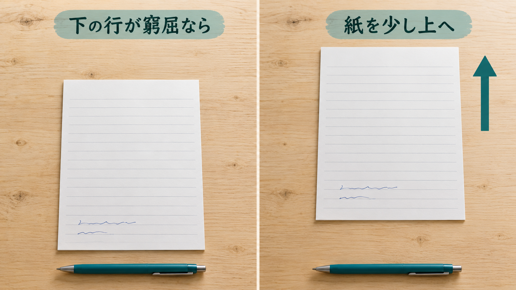 同じ用紙を動かす前後。右は紙全体を上へずらしてあり、用紙の向きは変わっていない。机の手前に置いたペンは同じ位置。
