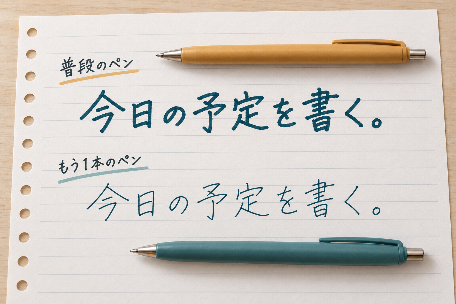 同じ用紙に「今日の予定を書く。」と2回書いた比較例。普段のペンは太い線、もう1本のペンは細い線で表している。