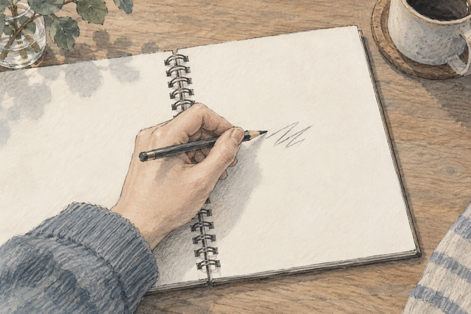 左手でリングノートの右ページに書く手元の挿絵
