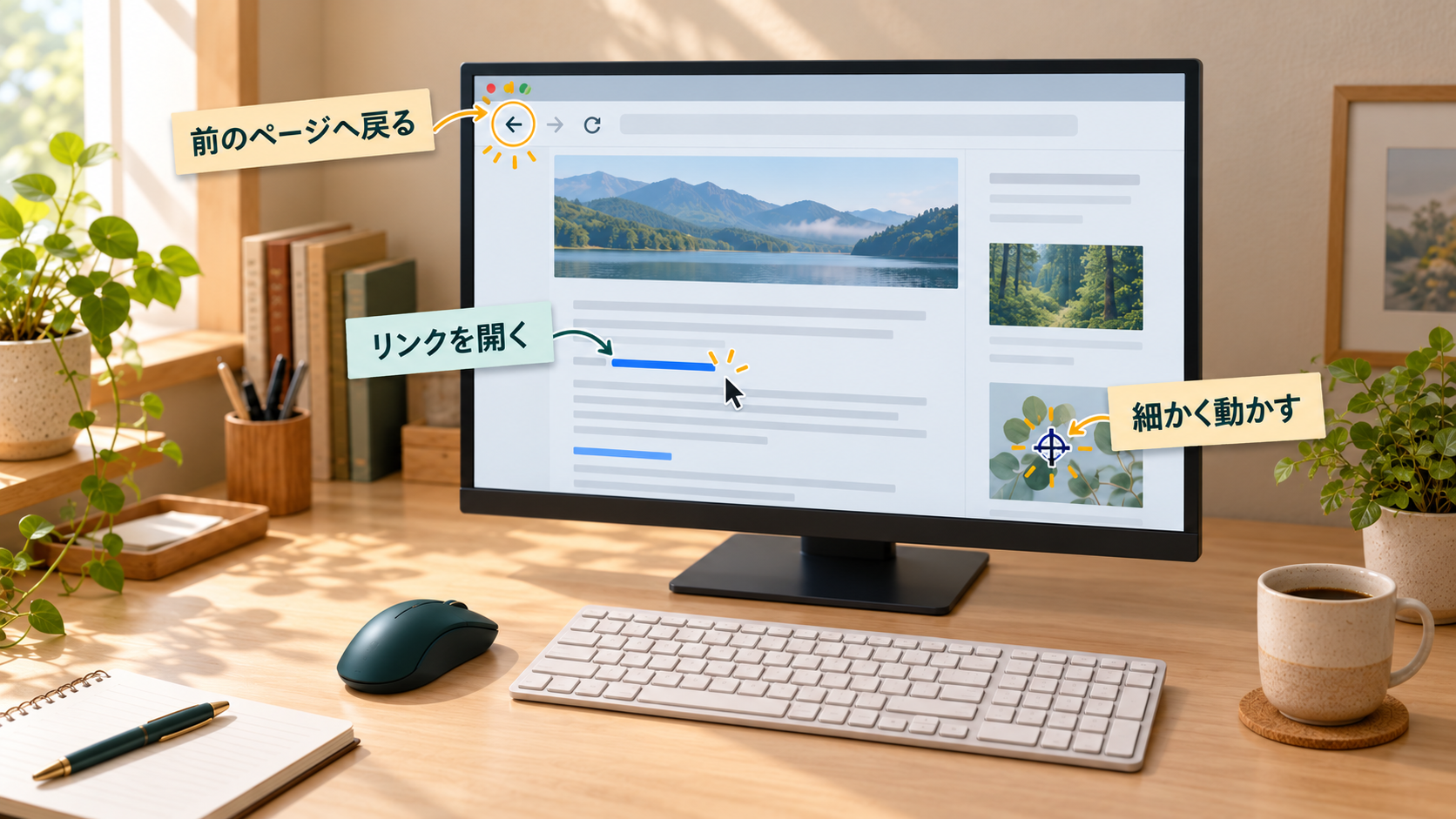 キーボードの左側にマウスを置いた机。画面にリンクを開く、前のページへ戻る、細かく動かすという日常操作の例。