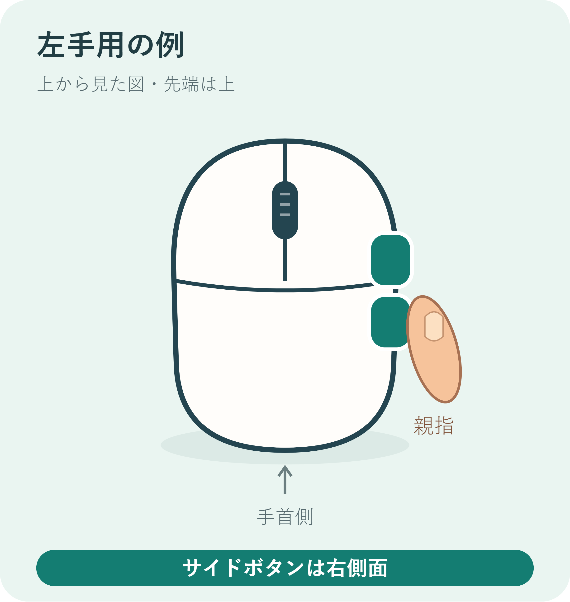 左手で使う例。上から見て右側面に親指とサイドボタンがある