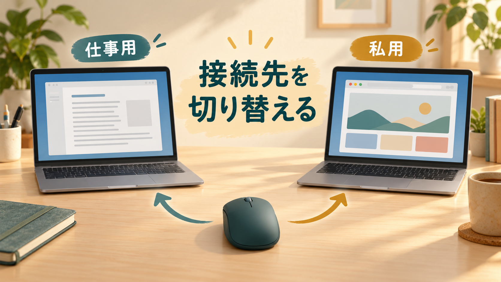 1つのマウスから仕事用・私用のパソコンへ矢印が向き、接続先を選んで切り替える場面。
