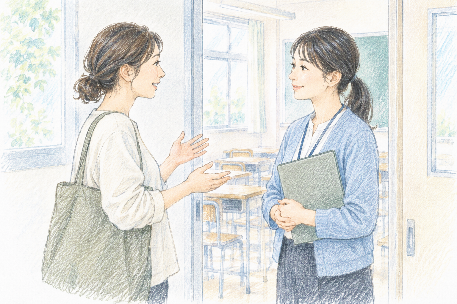 教室の入口で子どもの様子を先生に伝える保護者の挿絵