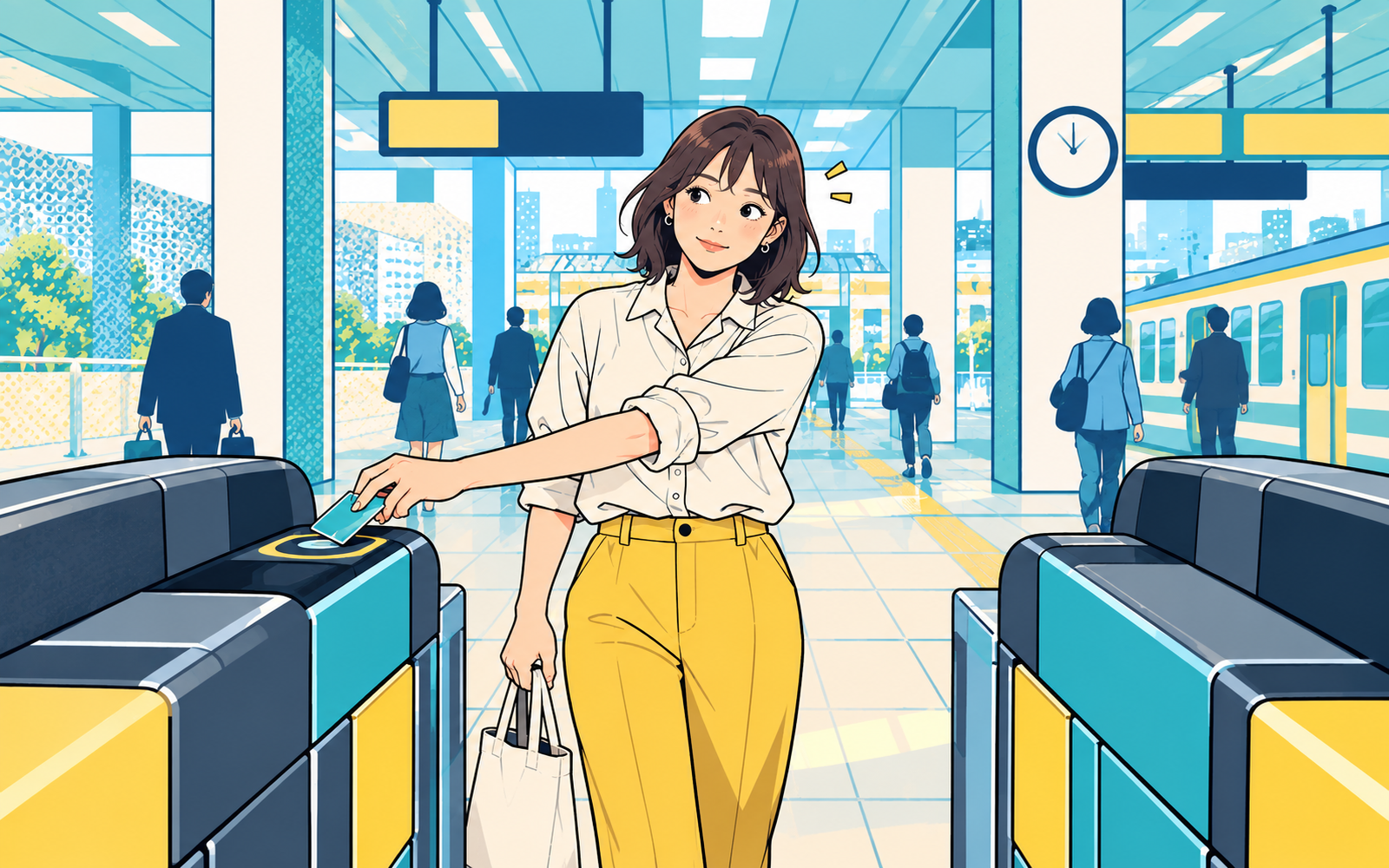 駅の改札で左腕を体の前に伸ばし、カードを読み取り部にかざす人のイラスト