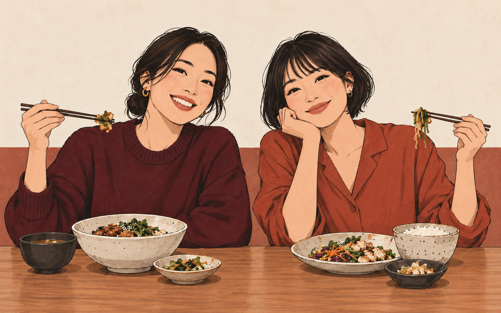 右手と左手にそれぞれ箸を持つ二人が、並んで食事をするイラスト