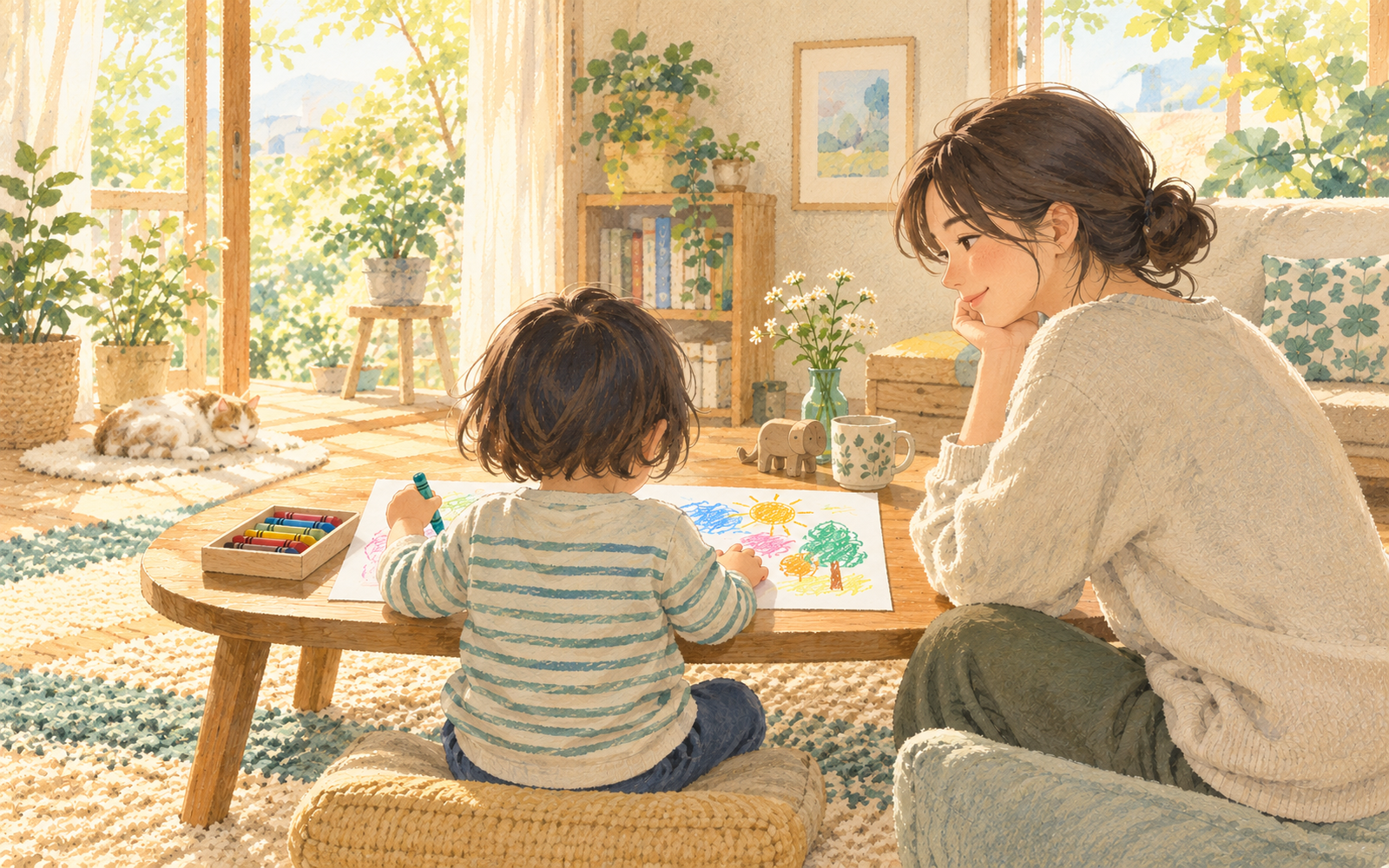 左手で絵を描く子どもを、大人がそばで見守るイラスト