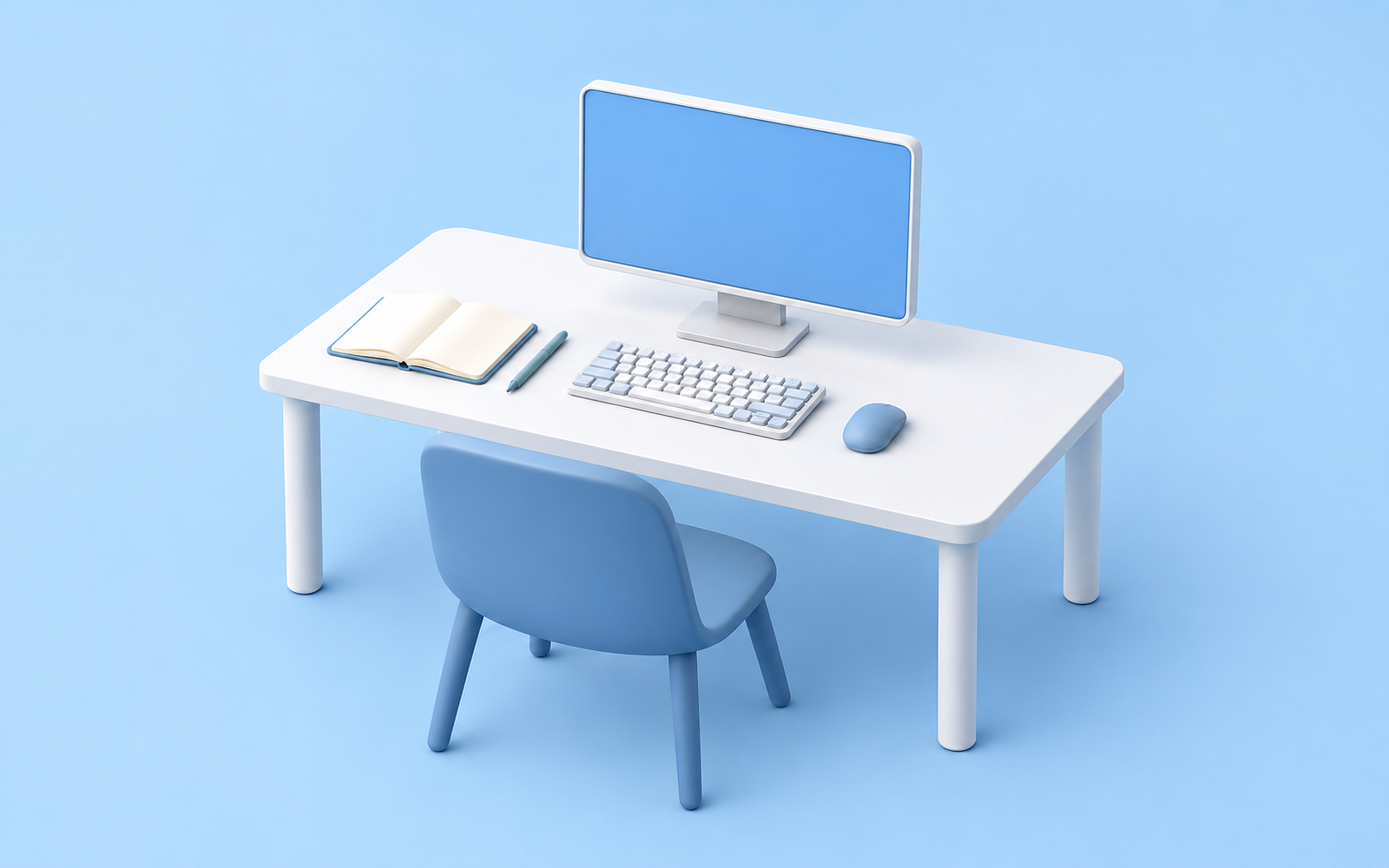 白い机にモニターとキーボードを置き、左にノート、右にマウスを配置したイラスト