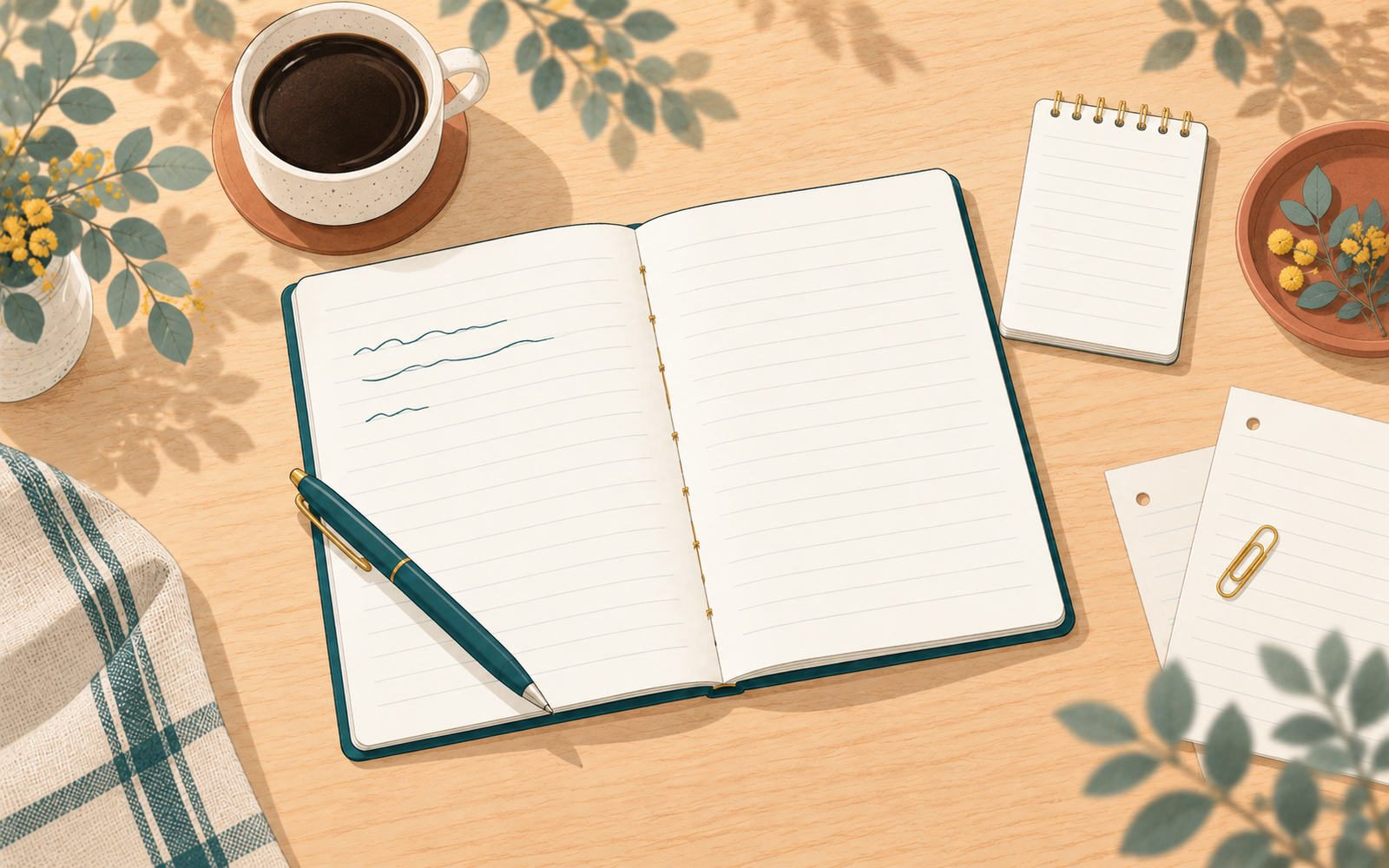 木の机に開いたノートと青緑のペン、メモ帳、コーヒーを置いたイラスト