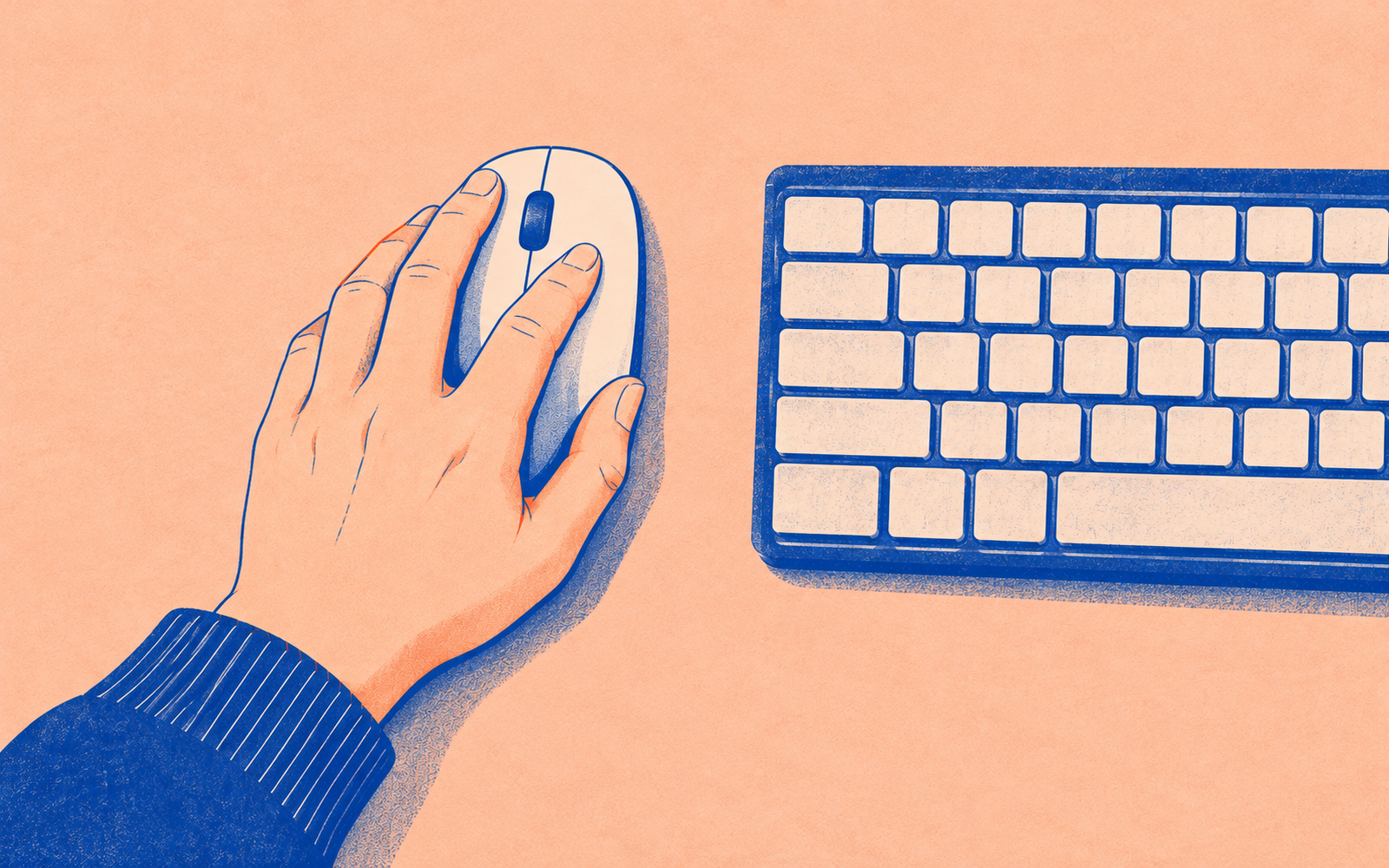 キーボードの左に置いたマウスを左手で操作する、桃色と青のイラスト