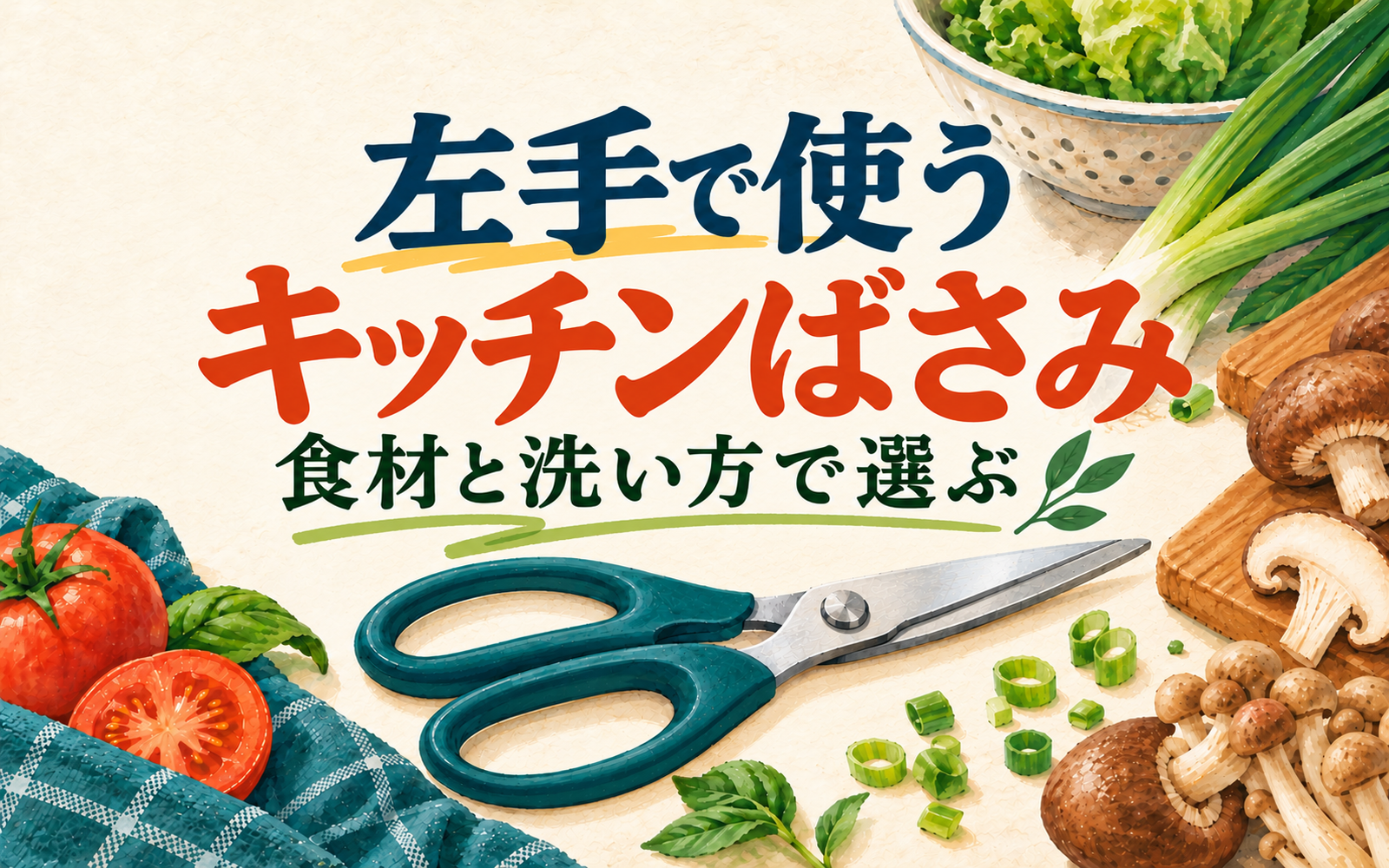キッチンばさみとねぎ、きのこを並べ、食材と洗い方から選ぶ特集を示したイラスト