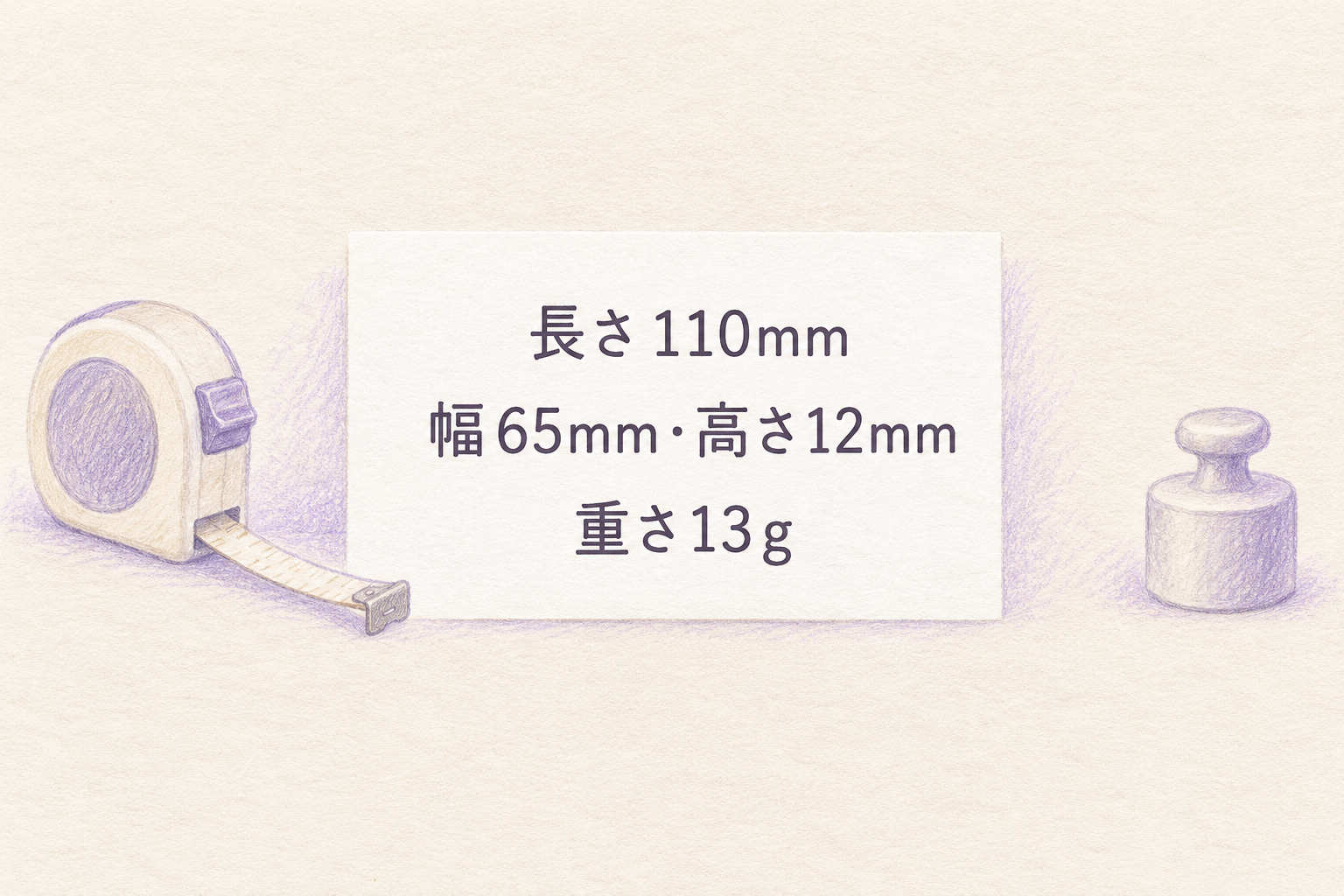 長さ110mm・幅65mm・高さ12mm・重さ13gを示す寸法情報図