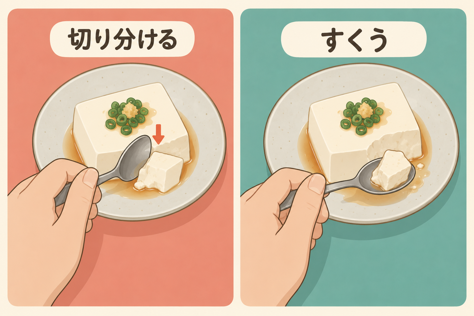 左手で一般的なスプーンの側面を柔らかい食材に当て、分けた一片をすくう2段階の動作図