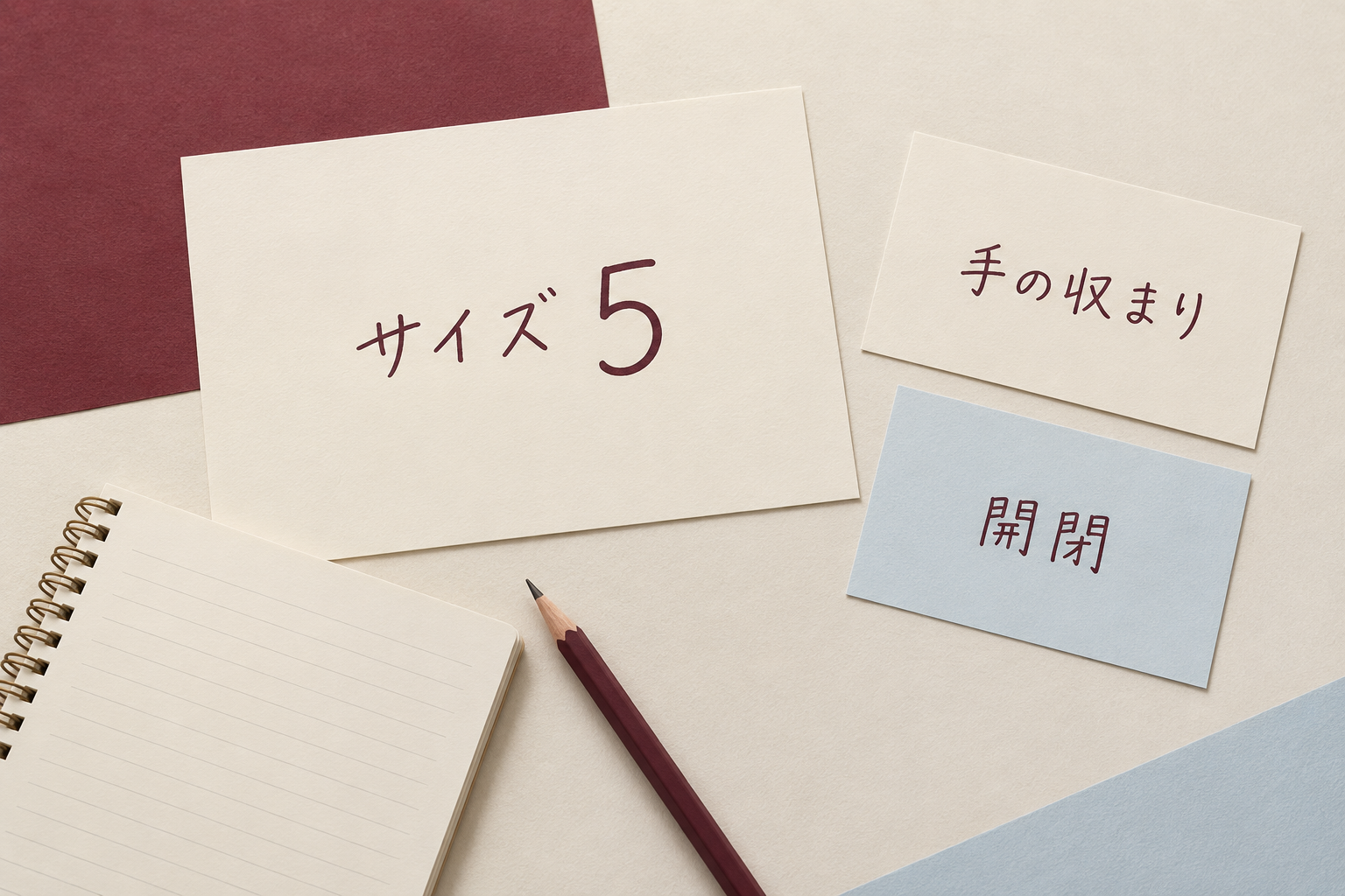 サイズ5、手の収まり、開閉という試着時の確認事項を並べた文字カード