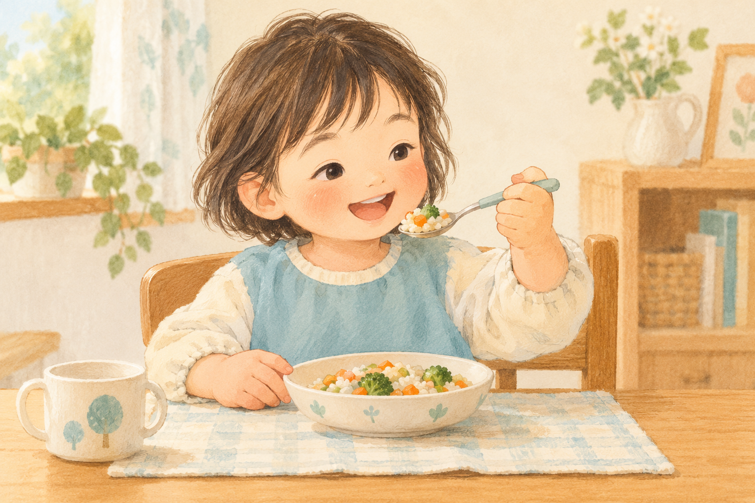 左手に一般的なスプーンを持ち、食卓で自分の食事を口へ運ぶ子どものイラスト
