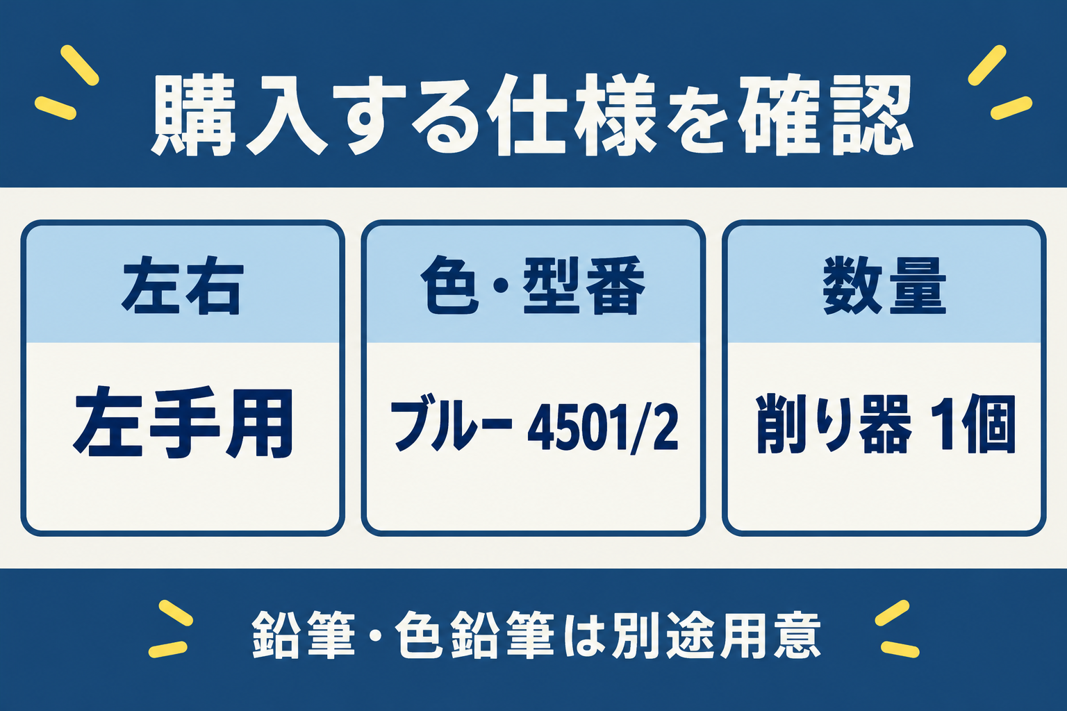 左手用・ブルー4501/2・削り器1個と、筆記具は別途用意する条件を示した図