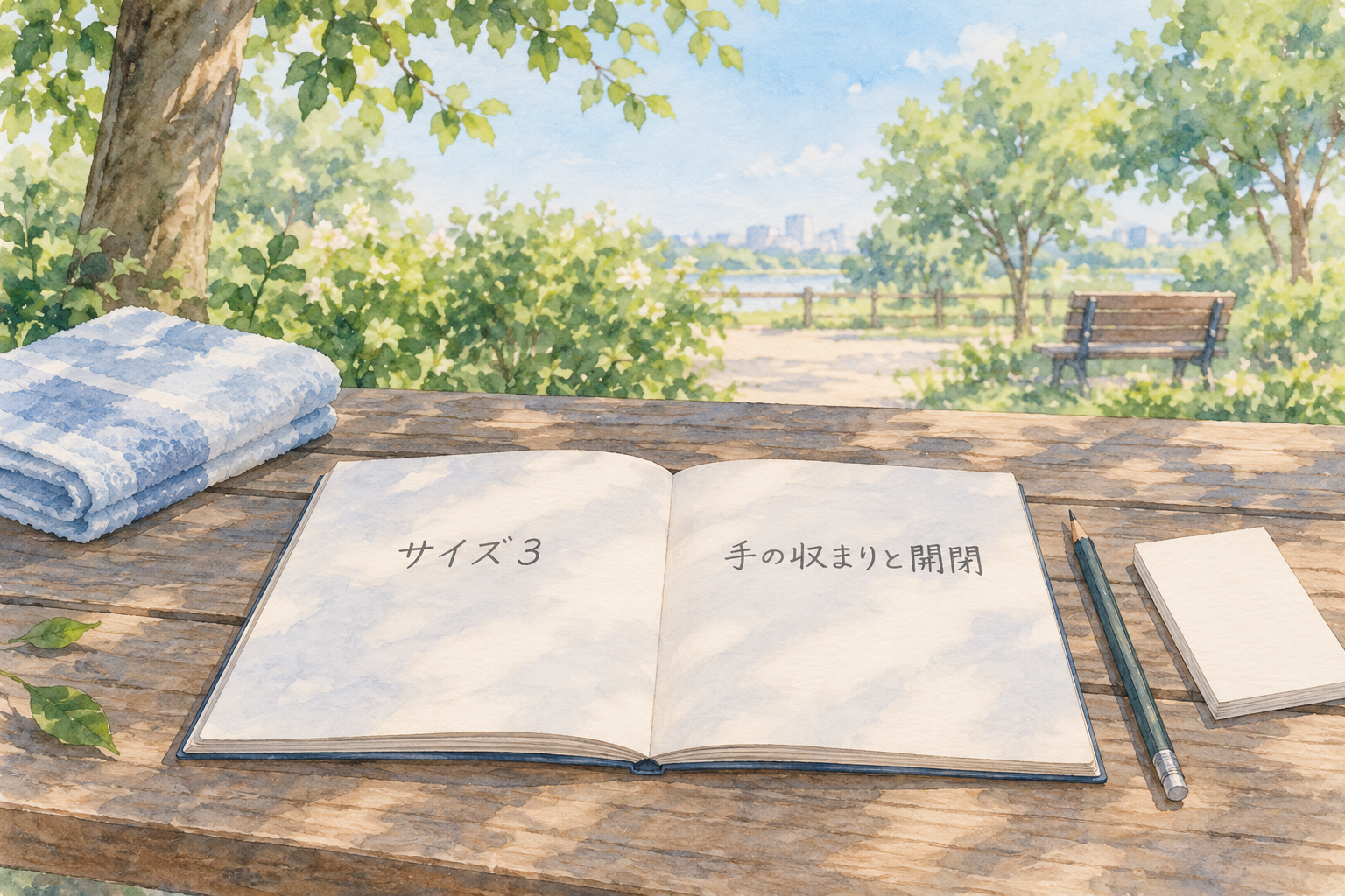 サイズ3と手の収まり・開閉の確認事項をノートに記した準備場面