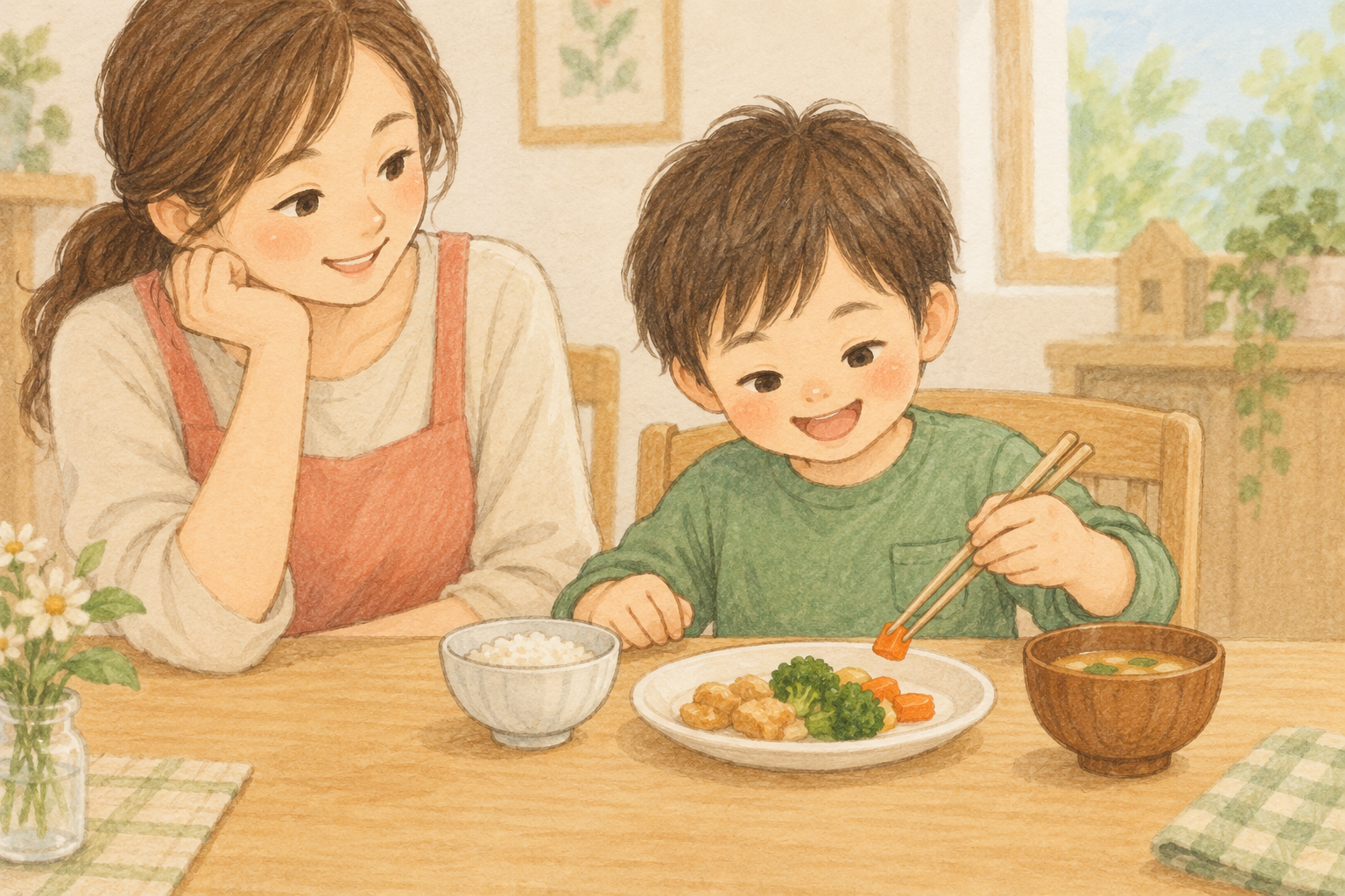 左手に一般的な箸を持つ子どもと、そばで食事を見守る大人