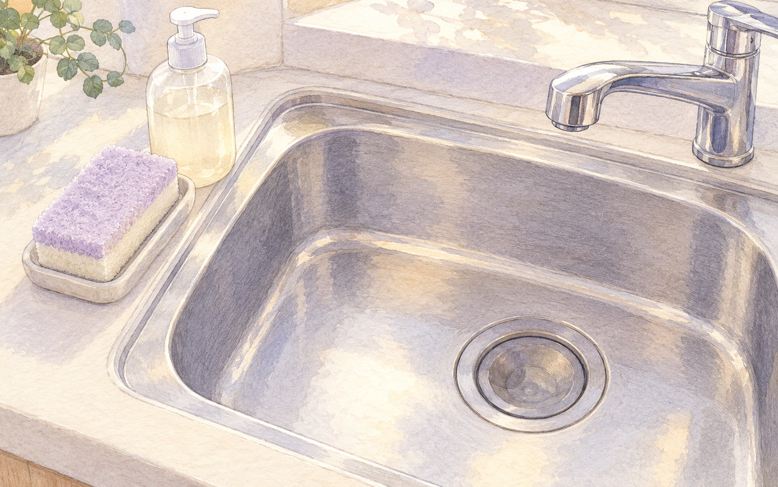 洗剤とスポンジを流し台の脇に置き、手洗いの準備をするイラスト
