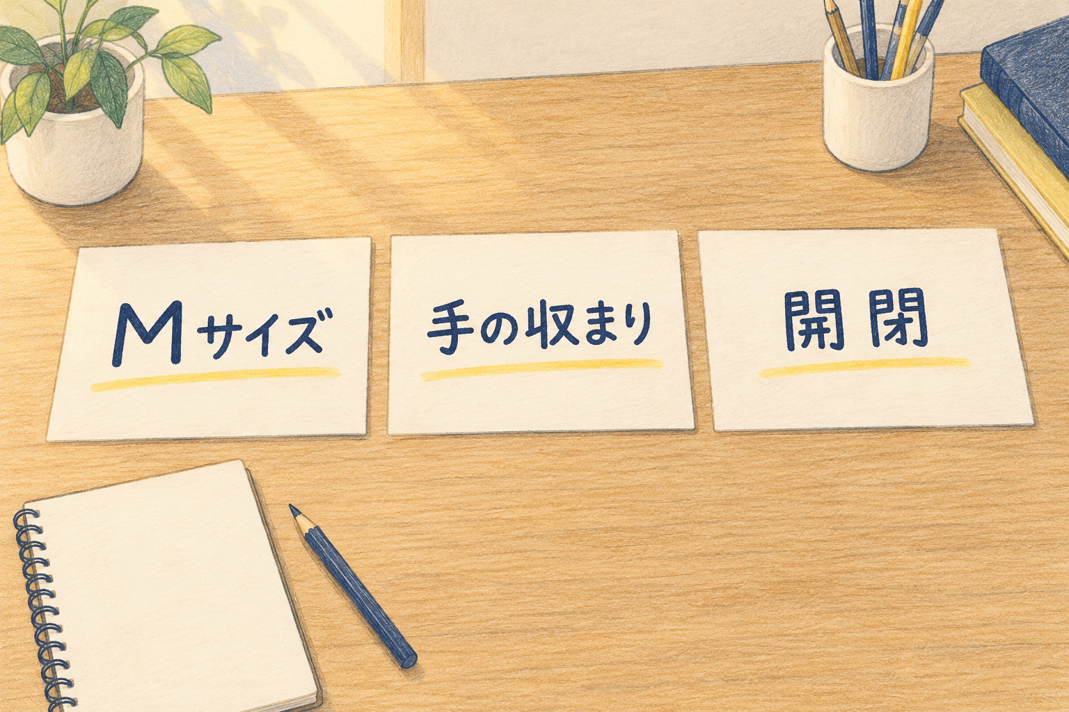 Mサイズ、手の収まり、開閉の確認事項を机に並べた挿絵