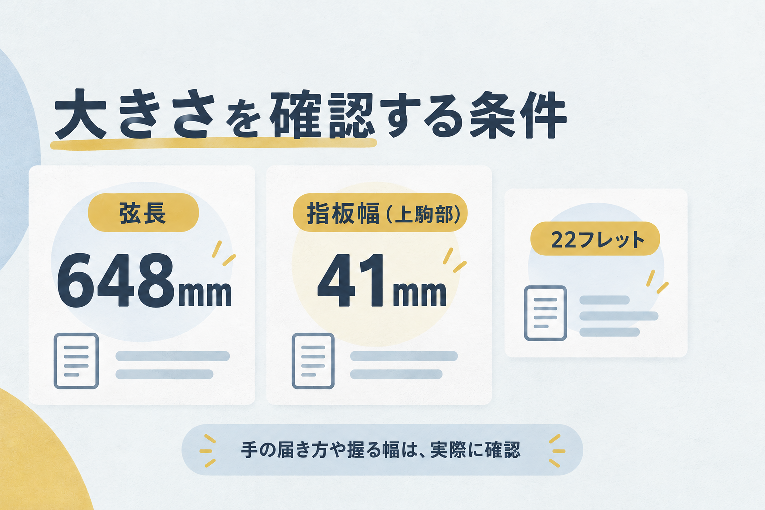 弦長648mm・上駒部の指板幅41mm・22フレットを示す概念図