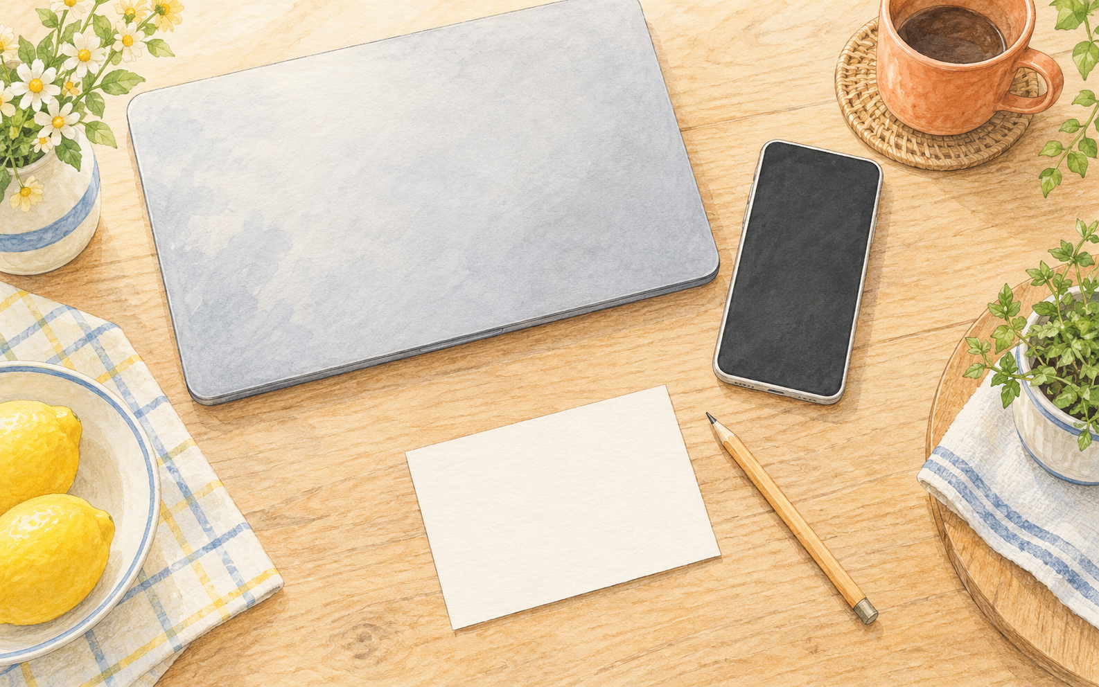 スマートフォンと白紙のカードを机に置き、購入対象を確認する場面のイラスト