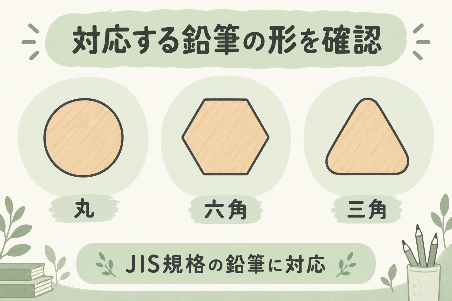 対応鉛筆の軸断面を丸・六角・三角で示し、JIS規格対応を添えた図