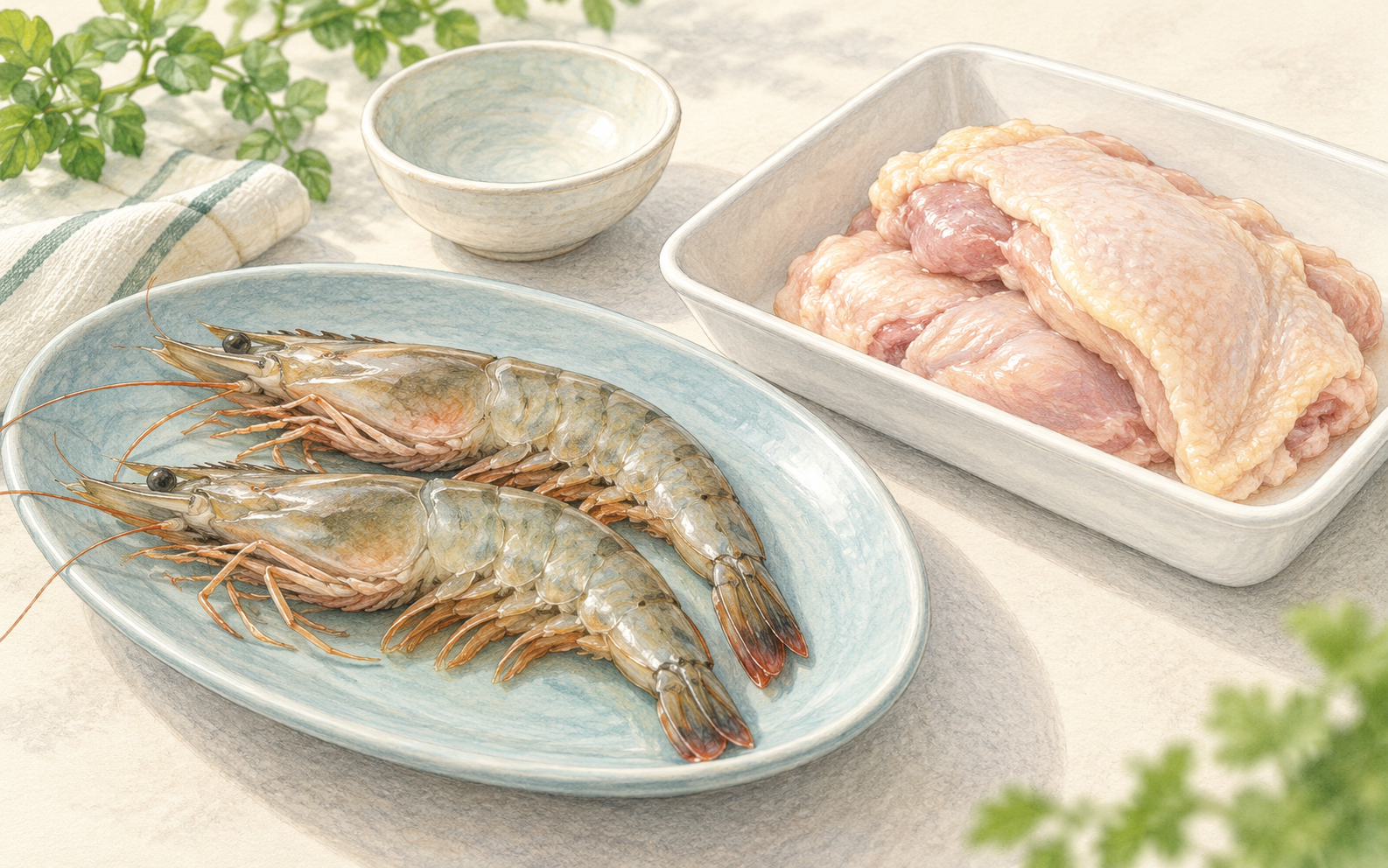 生のエビと鶏肉を別の器に用意し、下処理の準備をするイラスト