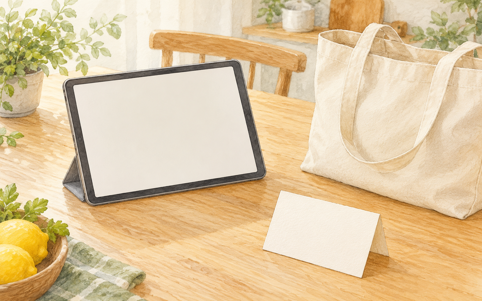 タブレットと白紙のメモを用意し、購入するモデルを確認する場面のイラスト