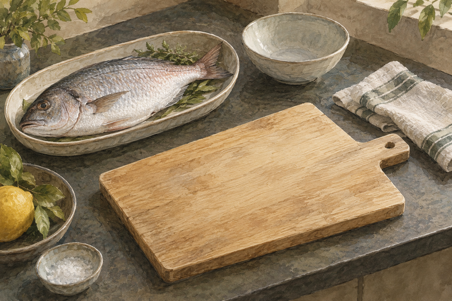 魚を載せた器・まな板・空の器を並べた調理前の準備場面
