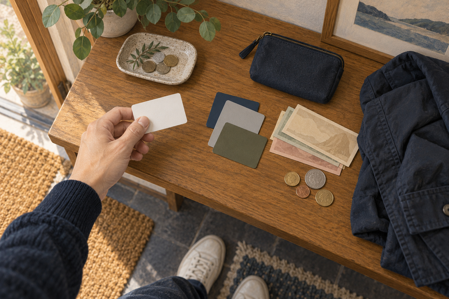 出かける前の机で、左手にカードを持ち、カード・紙幣・小銭を選ぶ準備場面