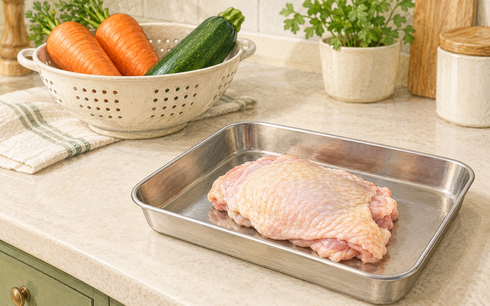 皮付き鶏肉をトレイに用意し、食材の下処理を始める前のイラスト