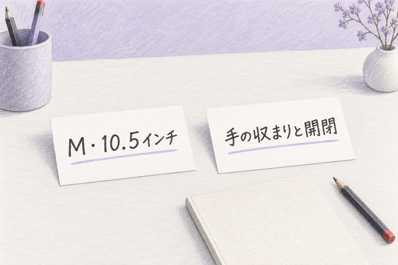 M・10.5インチというサイズ表示と、手の収まりと開閉の確認事項を並べた文字カード