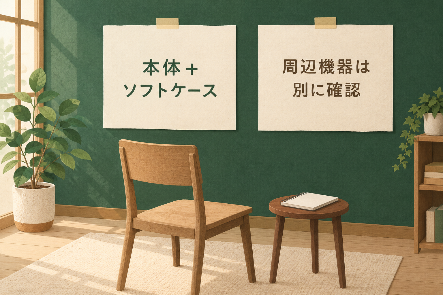 本体とソフトケース、周辺機器は別に確認という紙を掲示した練習準備の部屋