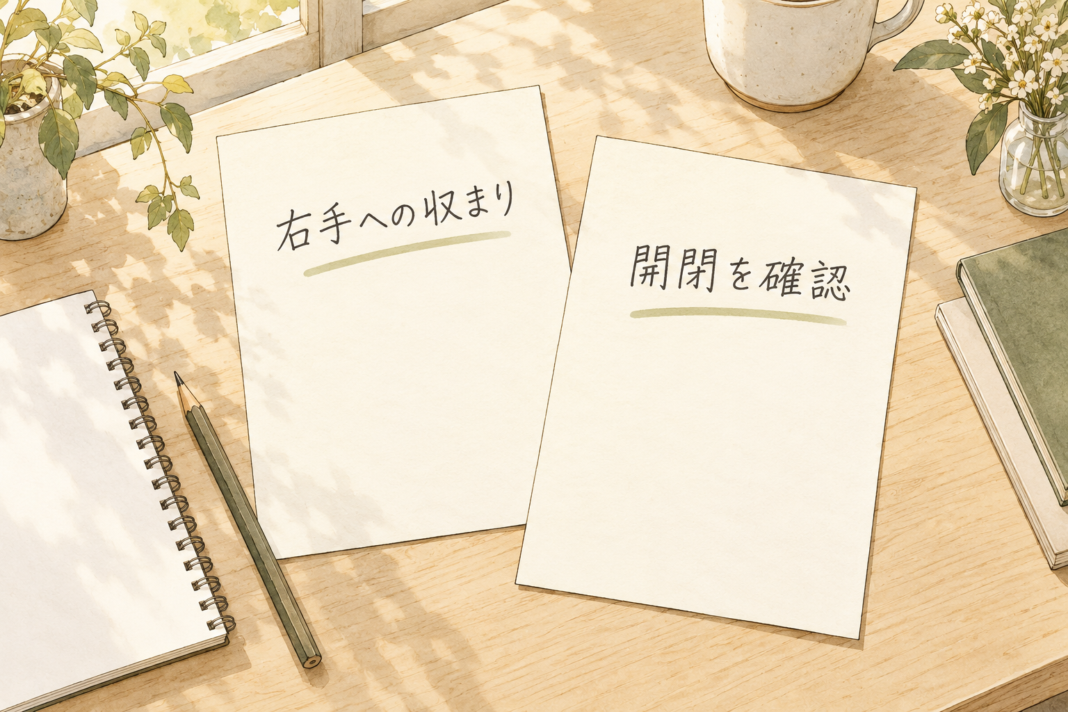 右手への収まりと開閉を確認するメモを机に並べた準備場面