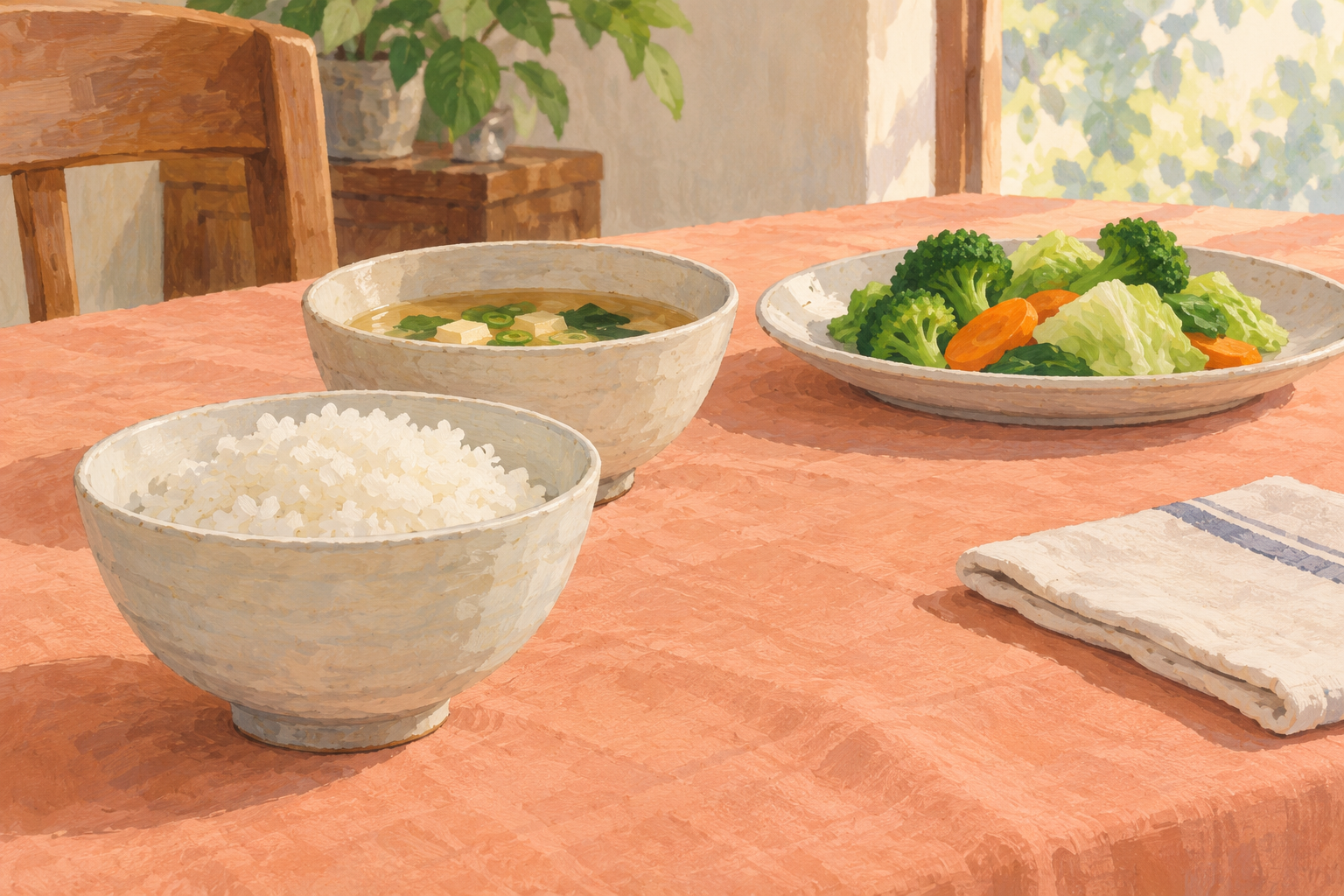 ごはん、汁物、野菜のおかずを器に用意した食卓の準備場面