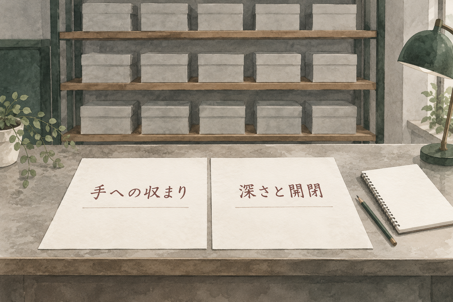 手への収まり、深さと開閉を確認するためのメモをカウンターに並べた挿絵