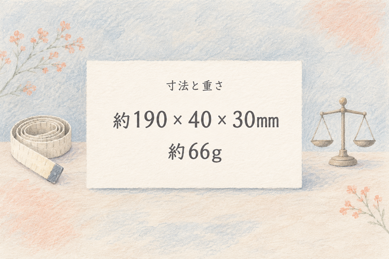 約190×40×30mm、約66gを示す寸法と重さの概念図
